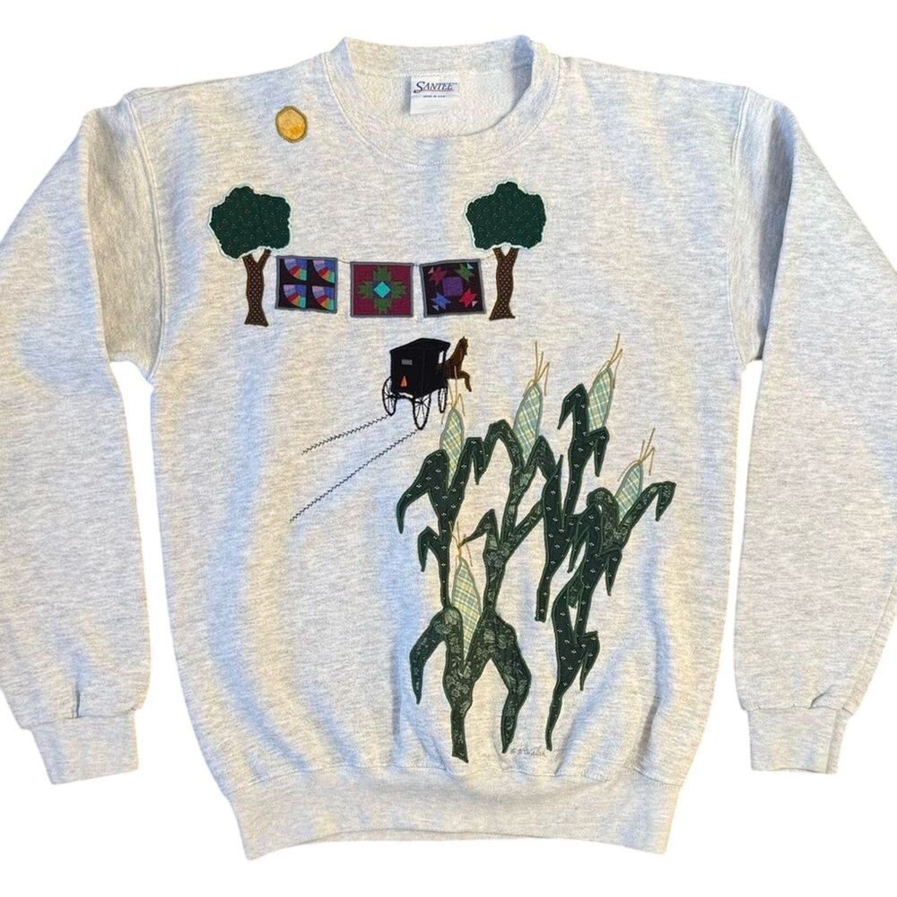 VTG Sweatshirt Amish Farm Corn Quilt Embroidered Handmade Santee Unisex Small